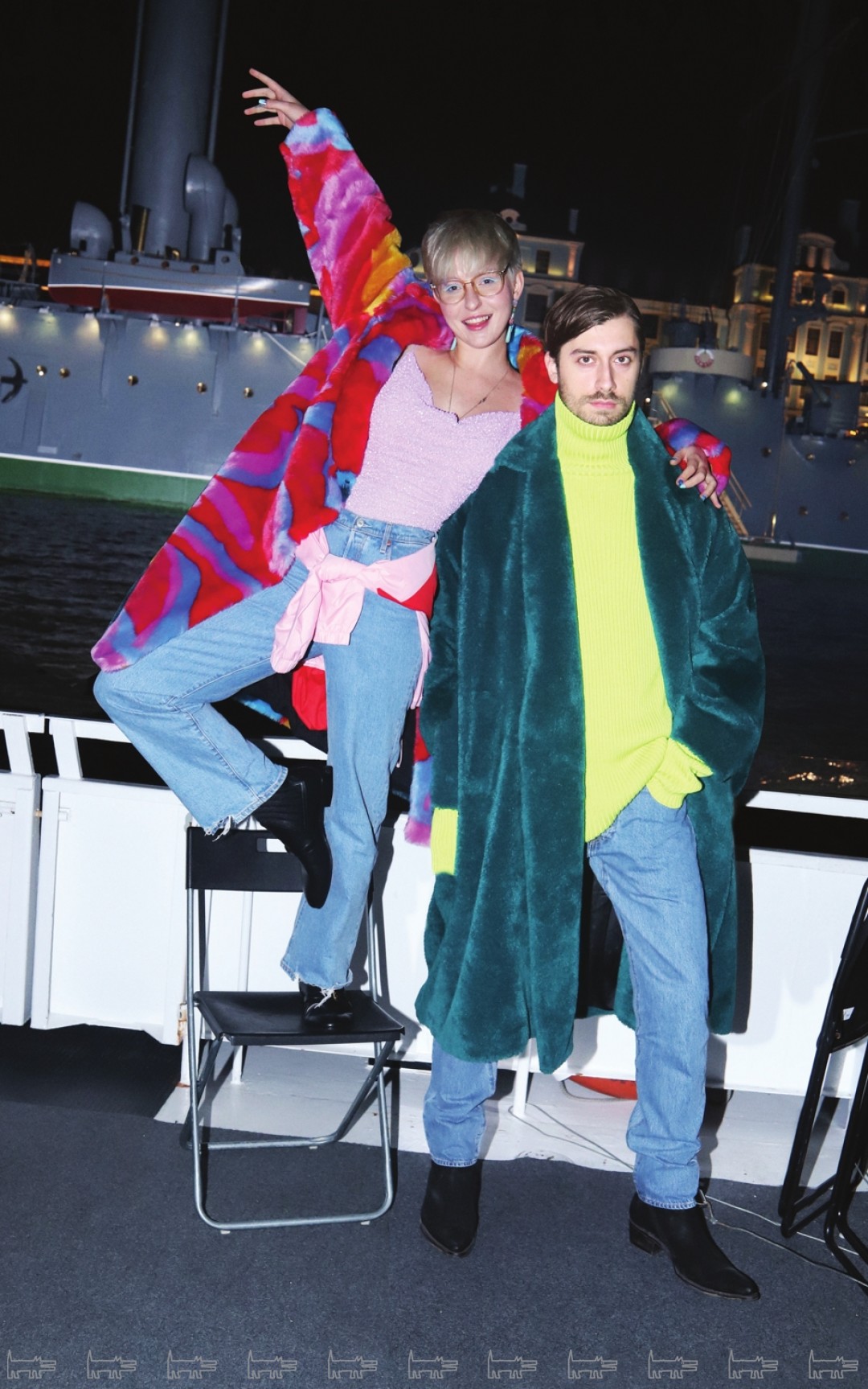 Тося Чайкина, музыкант, Виталий Дмитраш, cовладелец ресторана Ezo Izakaya. На Тосе: шуба Stella McCartney, платье Alice + Olivia, «казаки» Gucci (все