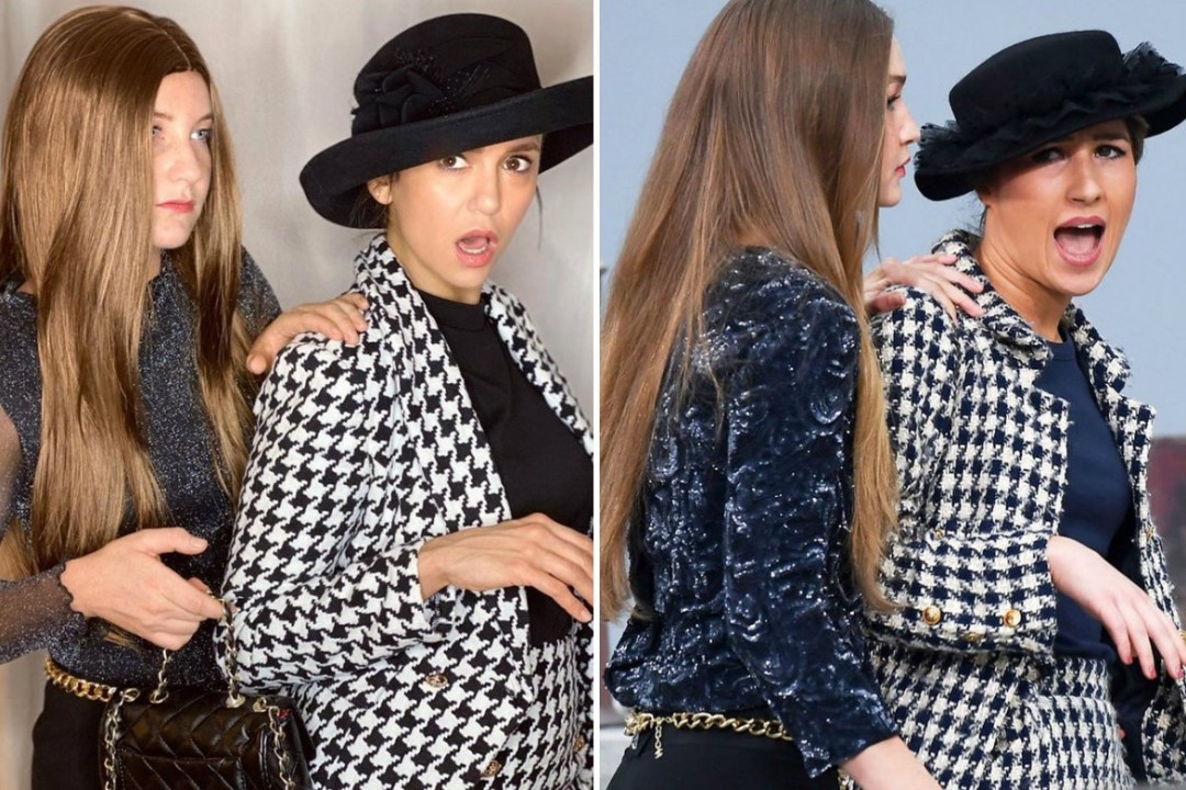 Нина Добрев в образе блогера Марии Бенолье, которая забралась на подиум недавнего показа Chanel (и была выведена с него благодаря Джиджи Хадид)