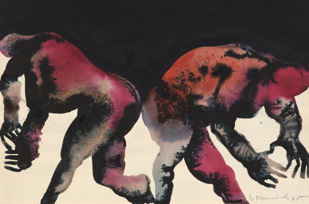 Михайлов В.С. Две наклонившиеся фигуры. 1985. Бумага, чернила цветные, спирт, кисть. ГФ-2872