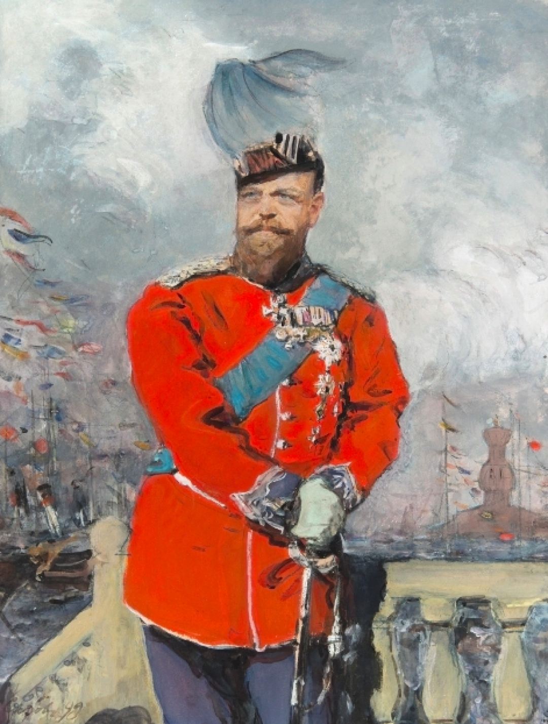 В.А.Серов. Император Александр III в мундире Королевской лейб-гвардии на фоне моря в Копенгагенской гавани. Бумага, акварель, гуашь. 1899. ГРМ