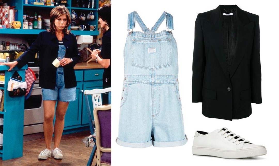 Свободный пиджак поверх укороченного джинсового комбинезона — прекрасное решение для первых солнечных дней весны, а удобные кеды увеличат время