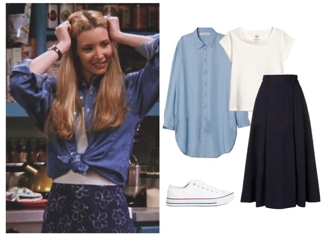 Еще один базовый лук для весны от Фиби: футболка белого цвета, юбка-миди а-силуэта и джинсовая рубашка. Образ завершим легендарными конверсами