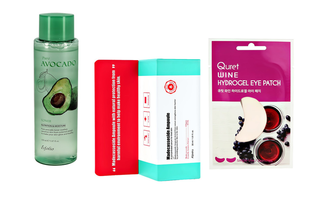 Тонер для лица Esfolio Pure Avocado, 499 рублей. Сыворотка для лица A`PIEU с мадекассосидом, 1490 рублей. Патчи для глаз Quret гидрогелевые с