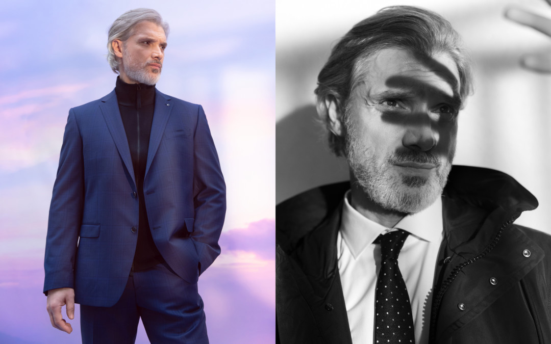 На Артуре: фото слева – костюм Digel, 41 500 руб., жакет на молнии BOSS, 16 000 руб.; фото справа – плащ BOSS, 57 000 руб., сорочка Olymp 6 900 руб