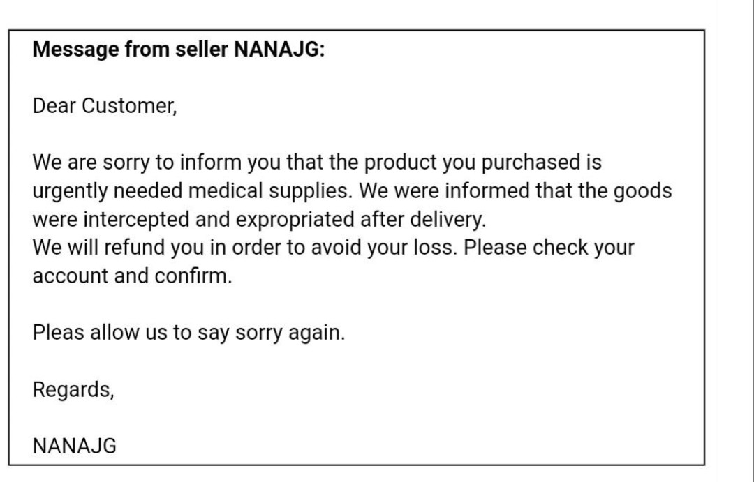 Сообщение от Amazon о том, что заказанные маски экспроприированы для государственных нужд