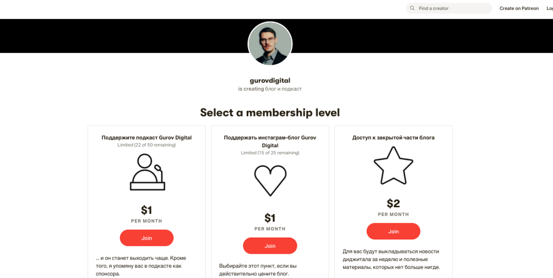 Patreon Павла Гурова, через который он продает разные варианты своего платного контента