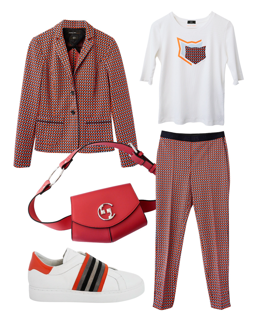 Жакет, брюки и футболка, все – Marc Cain, поясная сумка Comma, сникерсы Steffen Schraut