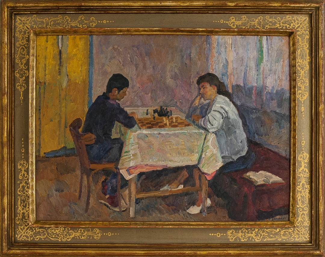 Альберт Папикян, «Играют в шахматы», картон, масло. 1986. Розничная цена 400 000 руб. Стартовая цена на аукционе 350 000 руб.