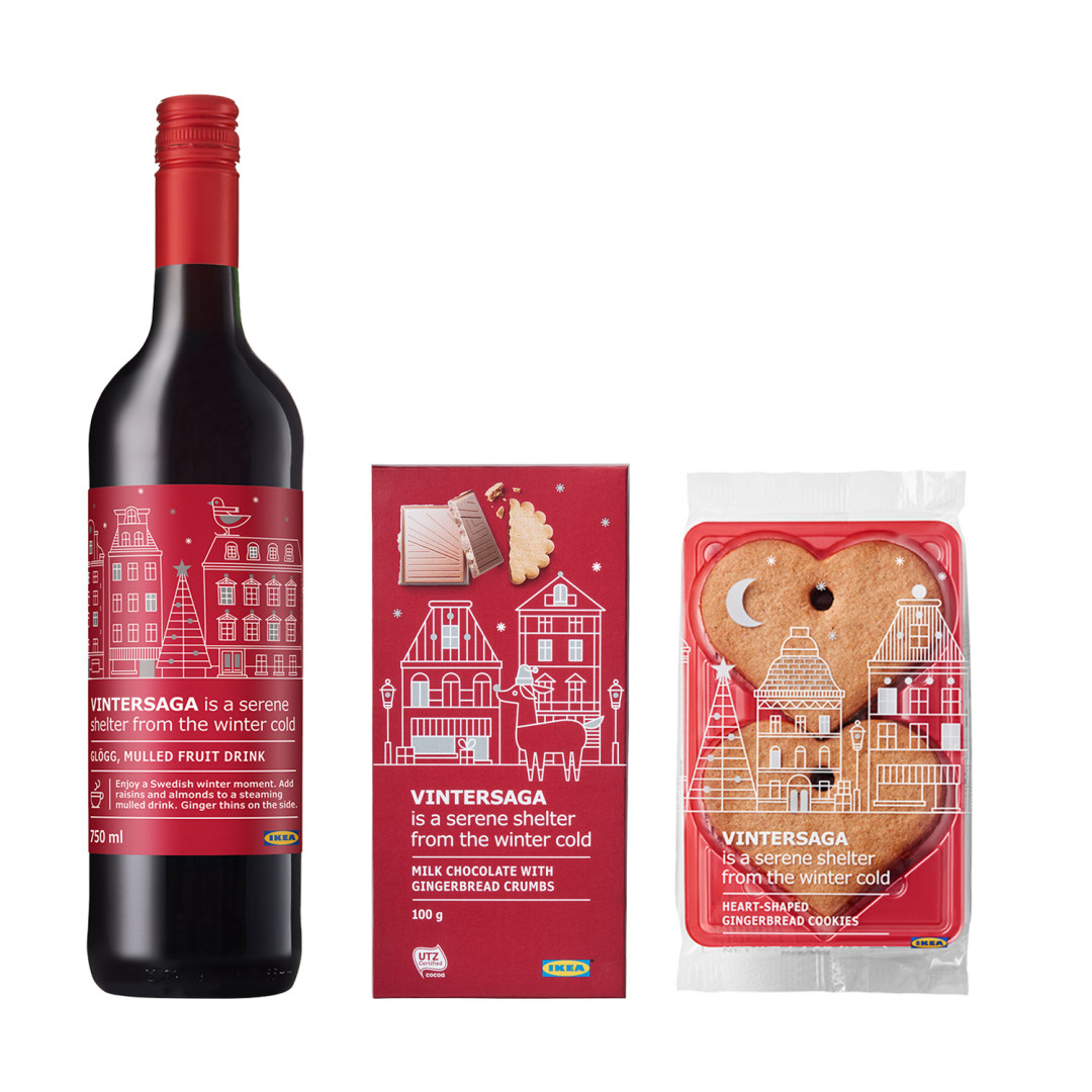 Фруктовый напиток с пряностями VINTERSAGA, имбирное печенье VINTERSAGA, молочный шоколад VINTERSAGA. Цена ИКЕА для бизнеса: 418 рублей. Цена без