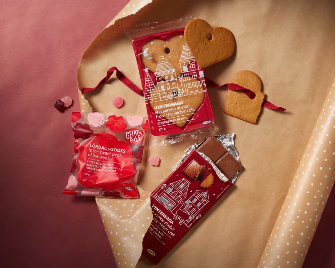 Имбирное печенье VINTERSAGA, мармеладные конфеты VINTERSAGA, молочный шоколад с начинкой VINTERSAGA. Цена ИКЕА для бизнеса: 279 рублей. Цена без
