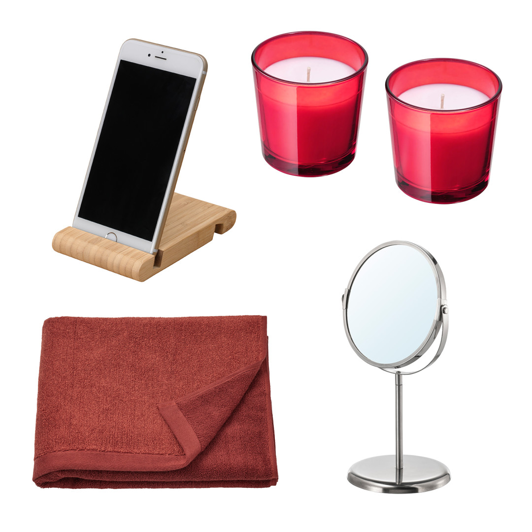 Ароматическая свеча в стакане VINTER 2020, зеркало TRENSUM, подставка для смартфона/планшета BERGENES, банное полотенце HIMLEÅN.1446 рублей
