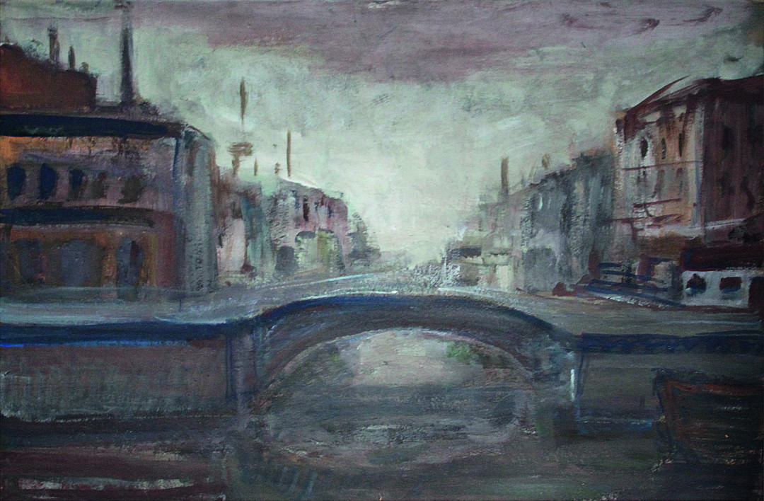 В.П. Калужнин. Городской пейзаж. 1930. Бумага, масло, гуашь. 53 х 74. Собрание семьи Ласкиных, Ленинград-Санкт-Петербург. Ранее_ собрание С.Б. Ласкина