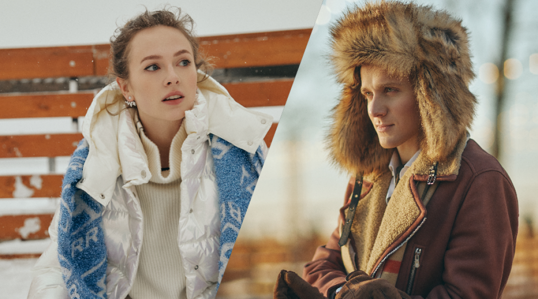 На Соне: серьги Garrard, пуховик Moncler, шарф Burberry, свитер Brunello Cucinelli. На Федоре: шапка Dries Van Noten, дубленка Brunello Cucinelli