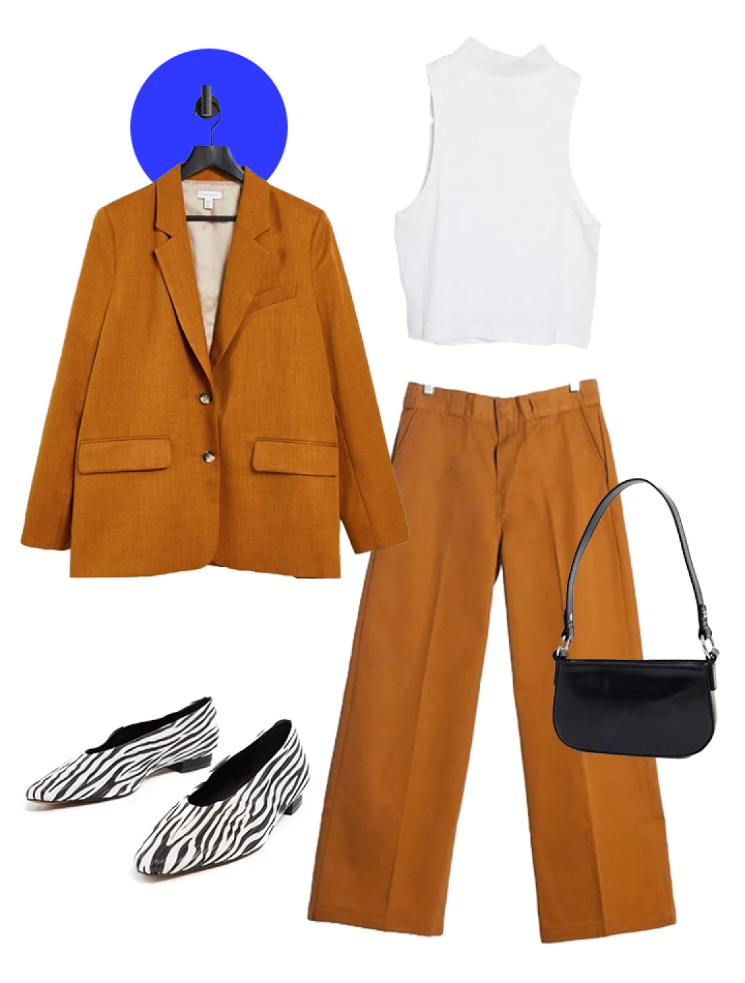 Блейзер Topshop, брюки Dickies, топ, сумка и балетки ASOS DESIGN.