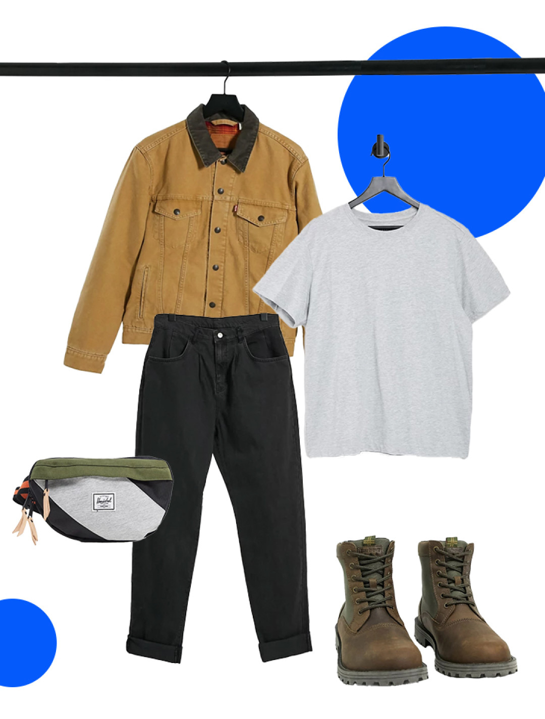Куртка Levi's, джинсы Reclaimed Vintage, футболка Weekday, сумка Herschel Supply Co, ботинки Barbour.