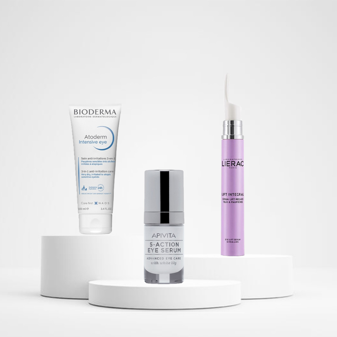 Уход за областью вокруг глаз 3-в-1 Bioderma Atoderm, сыворотка Apivita, лифтинг-сыворотка Lierac Lift Integral