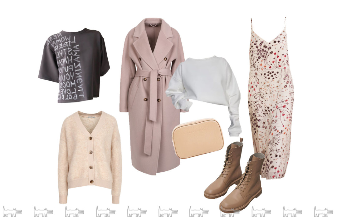 Платье в бельевом стиле Poetique, пальто, кардиган 12 Storeez, свитшот So Simple Store, футболка Ellada Kate, ботинки USHATAVA, сумка Siam Siam