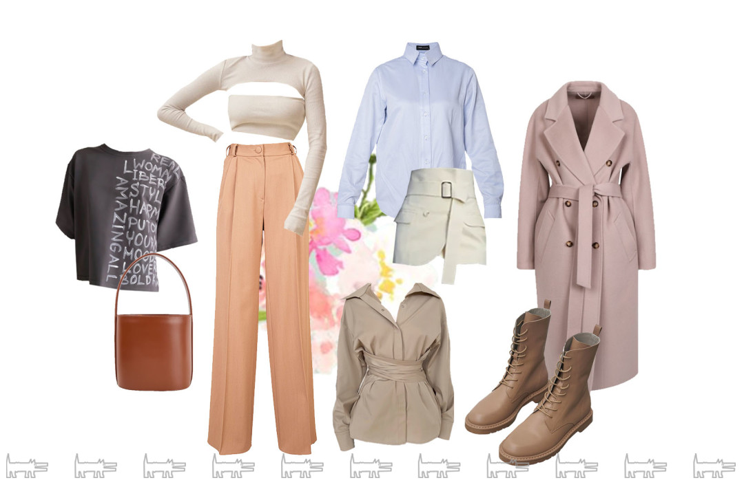 Брюки, голубая рубашка I.B.W., пальто, сумка 12 Storeez, топ с фигурным вырезом USHATAVA, ремень-баска Siam Siam, футболка, рубашка с завязками Ellada