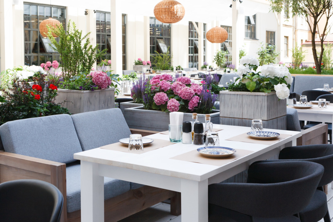 «Сыроварня»/Nama К концу апреля на просторной террасе в Ковенском переулке поменяют пол, некоторую мебель и обновят парк живых растений (ждем сирень и