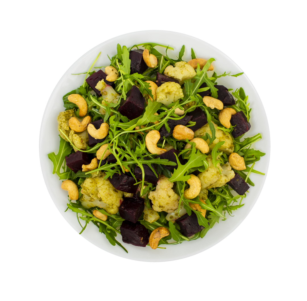 Свекла, запеченная с рукколой, песто, цветной капустой и кешью