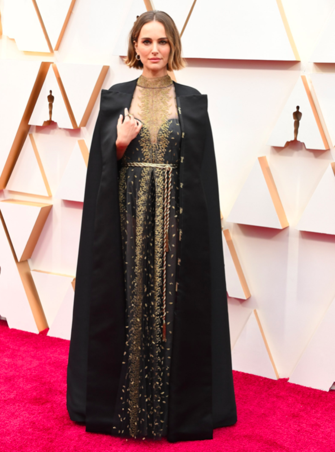 Натали Портман в кутюрном платье от Christian Dior и кейпе с вышитыми на нем фамилиями женщин-режиссеров, чьи заслуги академия не отметила, 2020 год