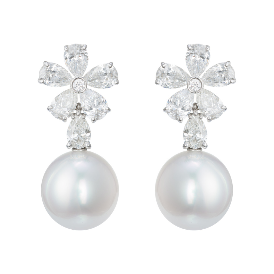 Серьги Mercury Flower из белого золота с жемчугом и бриллиантами