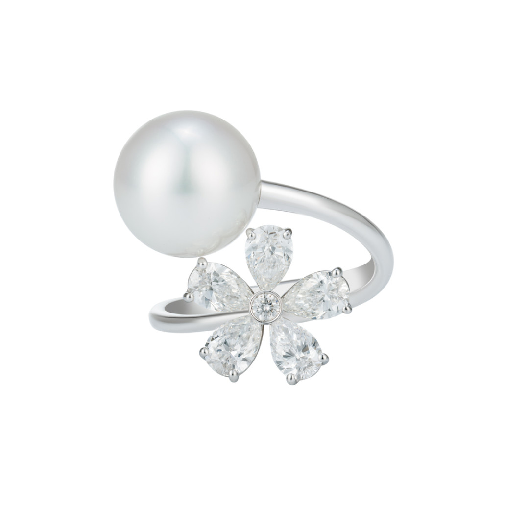 Кольцо Mercury Flower из белого золота с жемчугом и бриллиантами