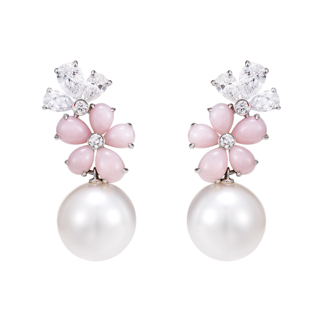 Серьги Mercury Flower из белого золота с жемчугом, опалом и бриллиантами