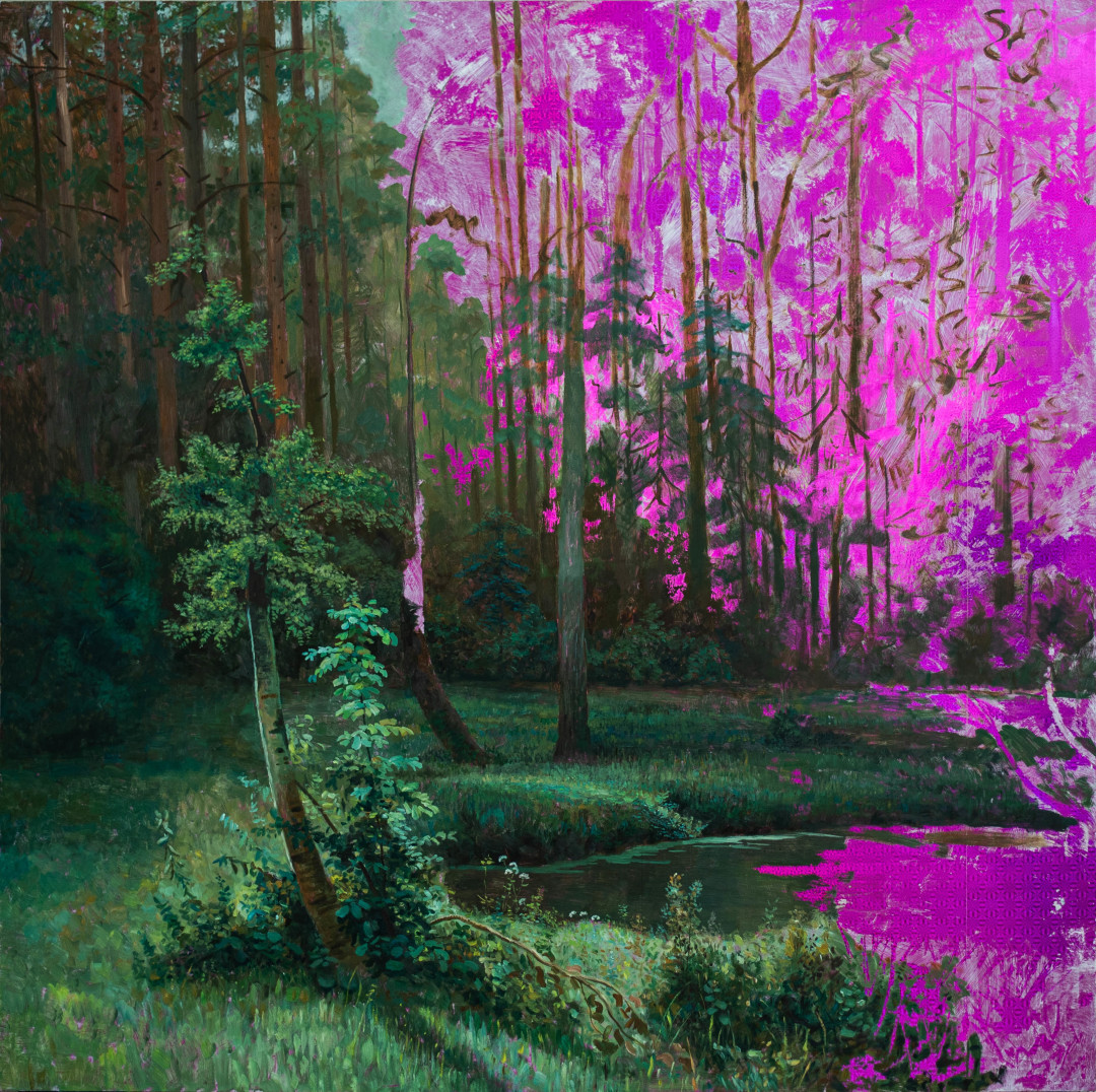 Владимир Потапов «Лес», 2021 Дерево, масло, голографическая пленка.