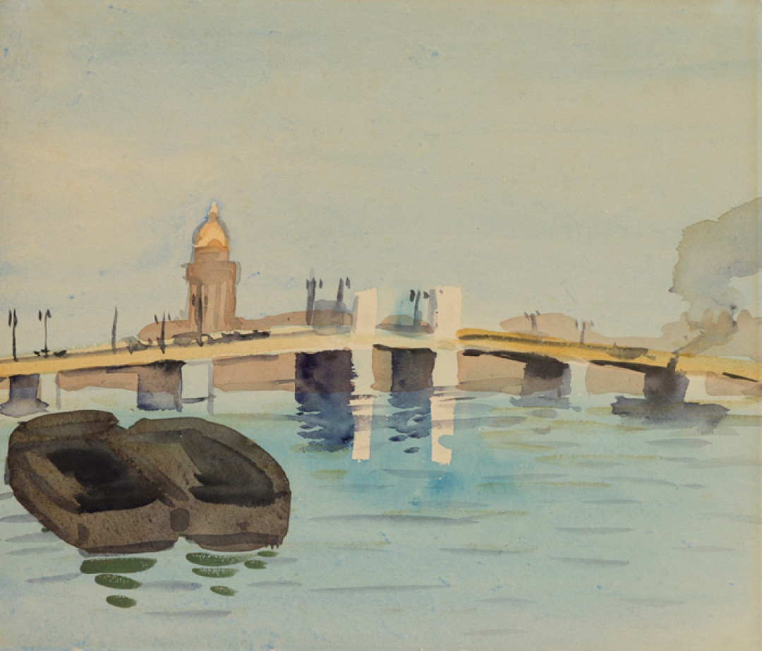 Мост Лейтенанта Шмидта, Николай Лапшин. Бумага, акварель. 1940-е