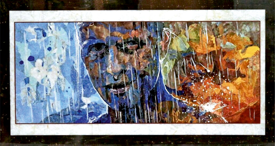 Панно «Бегущий по лезвию». Размер: 82х42 см. Натуральные камни: яшма, лазурит, кварц жильный, кремень, халцедон, чароит, виолан, кахолонг и др.