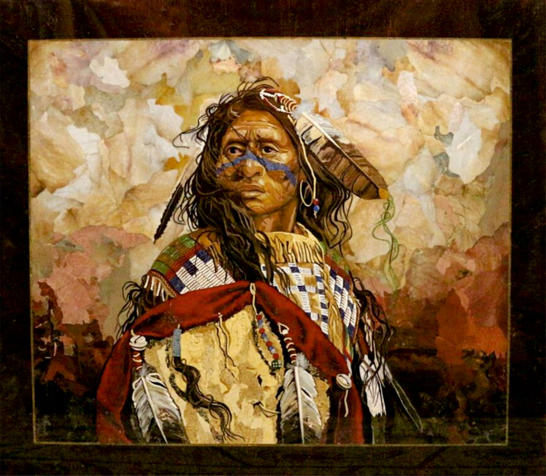 Панно Индеец. «Последний вождь». Размер: 66х56 см. Натуральные камни: яшма, лазурит, кремень, халцедон, хризопраз, известняк, кахолонг, дьюмортьерит