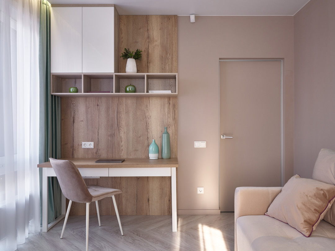 Рабочая зона в теплых оттенках пробуждает желание работать максимально продуктивно, студия мебели «Анастасия»