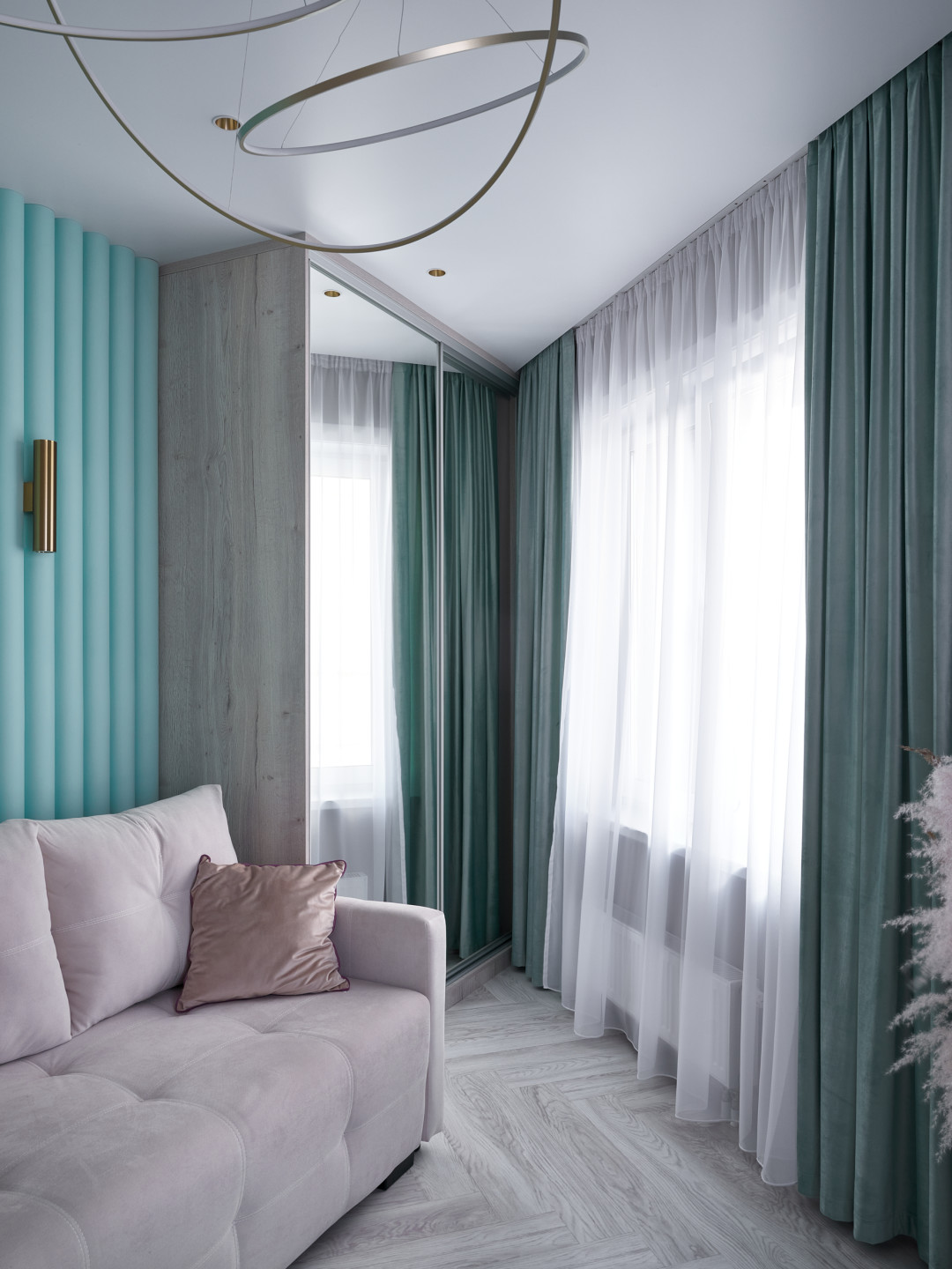 Освежающие оттенки гостиной разбавлены нейтральными тонами корпусной мебели, студия мебели «Анастасия» Мятный акцент 3D панели из гипса тм ARTPOLE