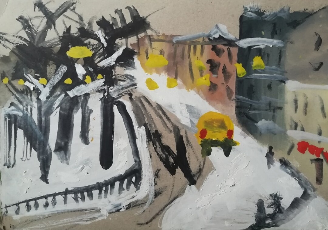 Иван Сотников. Покровская площадь. 01.01.2010 г. Картон, гуашь, 24х34 см.