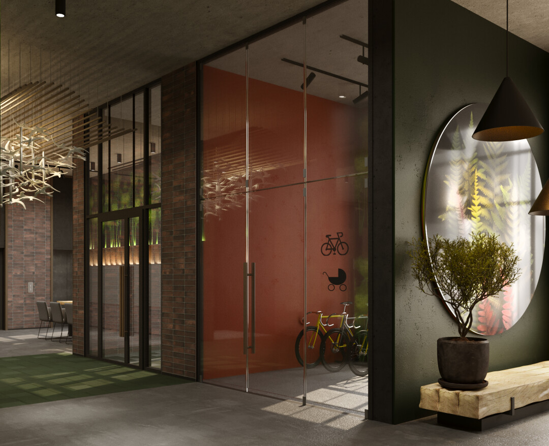 В подъездах предусмотрели места для консьержей, пространства для детских колясок и хранения спортивного инвентаря