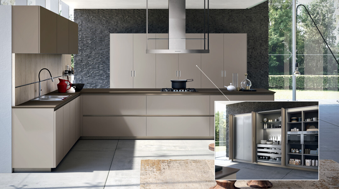 LAB 13, фасады из крашенного МДФ с ионами серебра и комланарный шкаф для встроенной техники