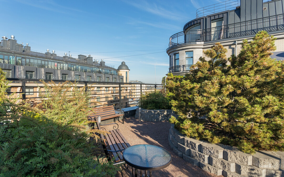 Сад на благоустроенной крыше клубного дома «Щедрин»