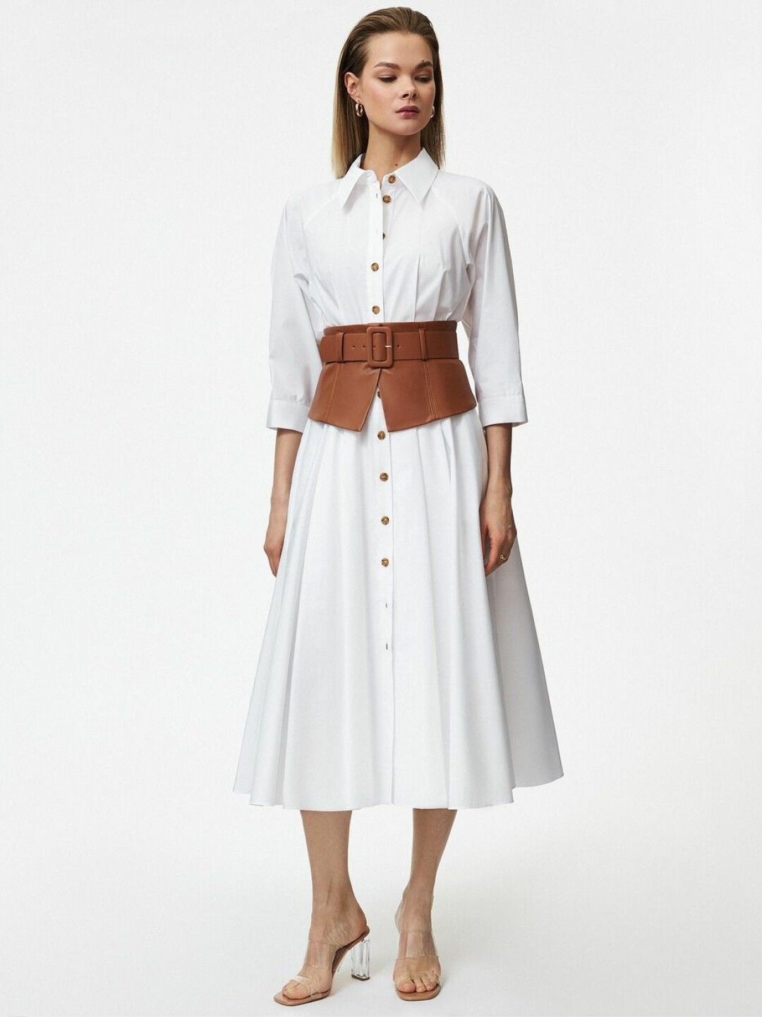 Платье-рубашка со съемной баской из экокожи