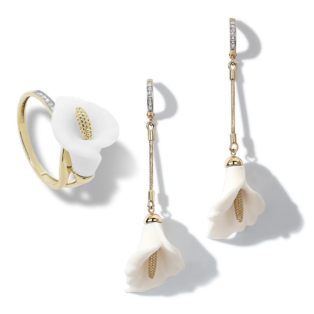 Золотое кольцо и серьги «Калла» Kabarovsky с фарфором и бриллиантами