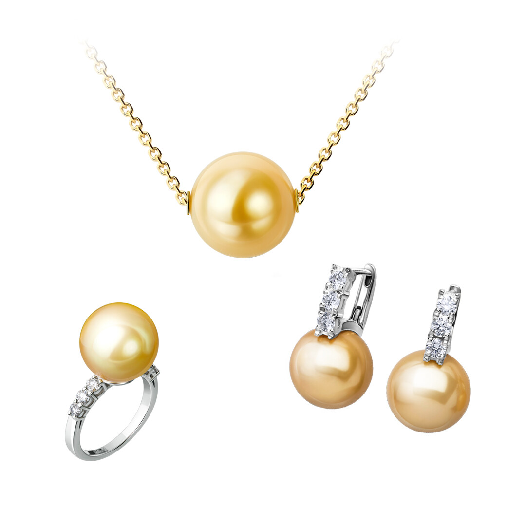 Кольцо, серьги и колье из белого золота ArtAuro с жемчугом и бриллиантами