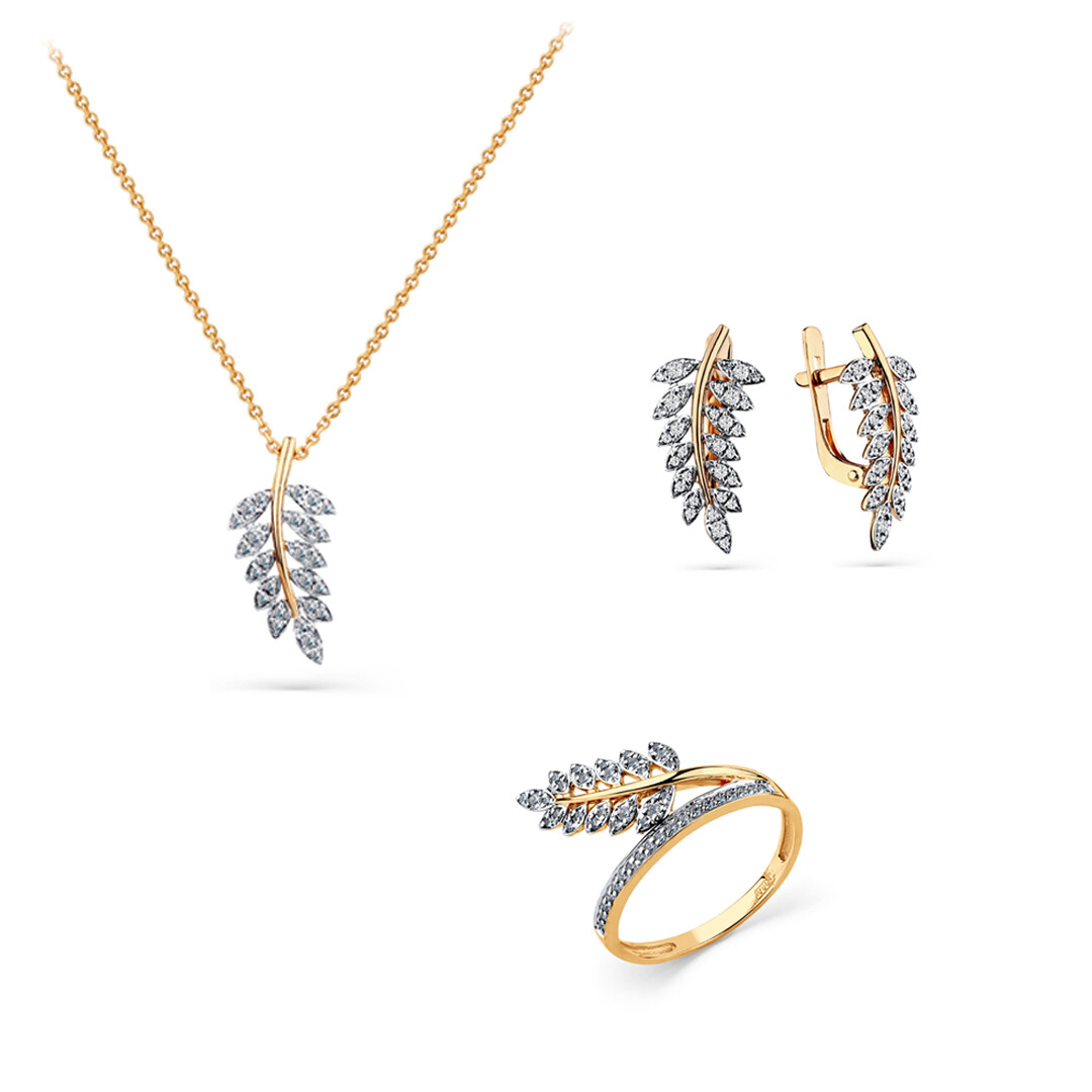 Золотое кольцо, серьги и колье с бриллиантами из коллекции «Ветвь» от «Мастер Бриллиант»