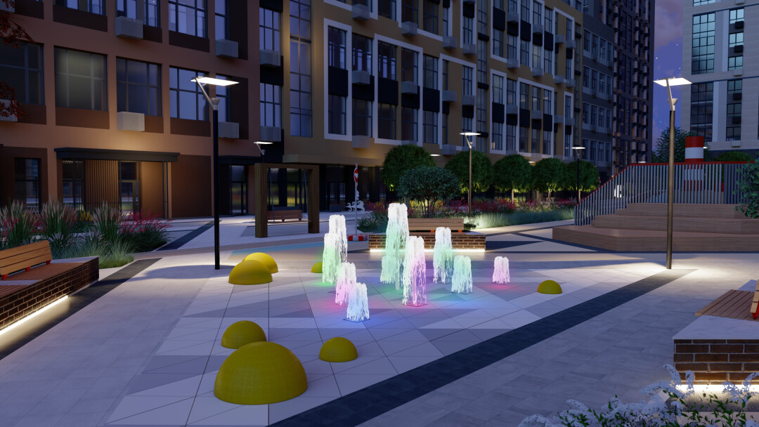 Центром детской радости станет пешеходный фонтан, вокруг которого разместятся тематические игровые площадки