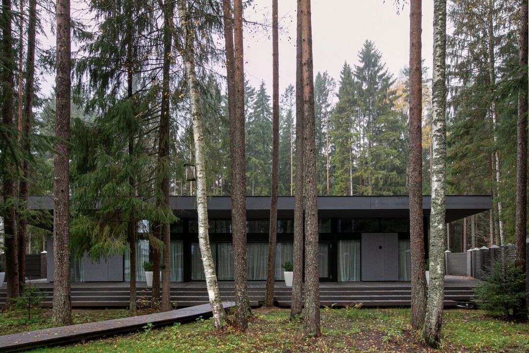 В частном проекте «Ельник Дом» деревья буквально прорастают сквозь террасу, а открывающиеся стеклянные фасады гостиной позволяют слиться интерьеру и