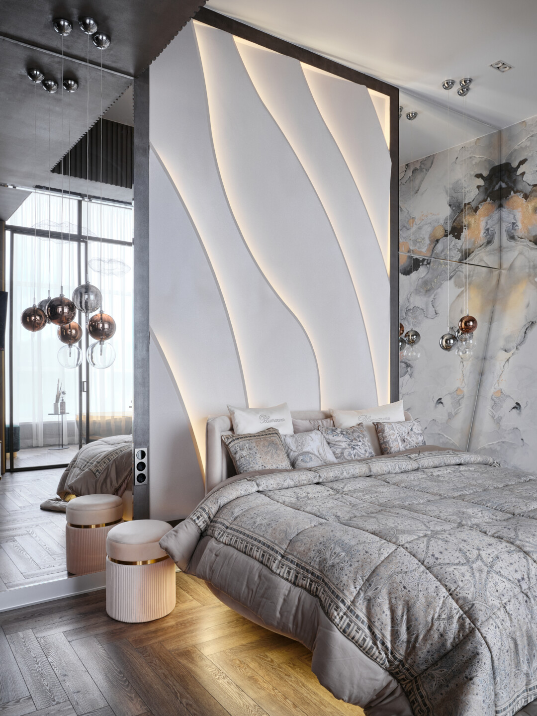 Стена у изголовья кровати оформлена 3D-панелями с подсветкой. Дизайн панели Zaha вдохновлен уникальными архитектурными решениями Захи Хадид