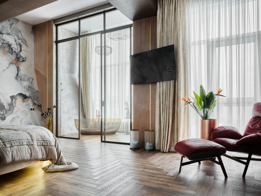 В спальне нежный тюль с жемчужным отливом цвета шампань. Немецкие шторы с жатой текстурой и благородным золотым напылением Tata Home Изящность и