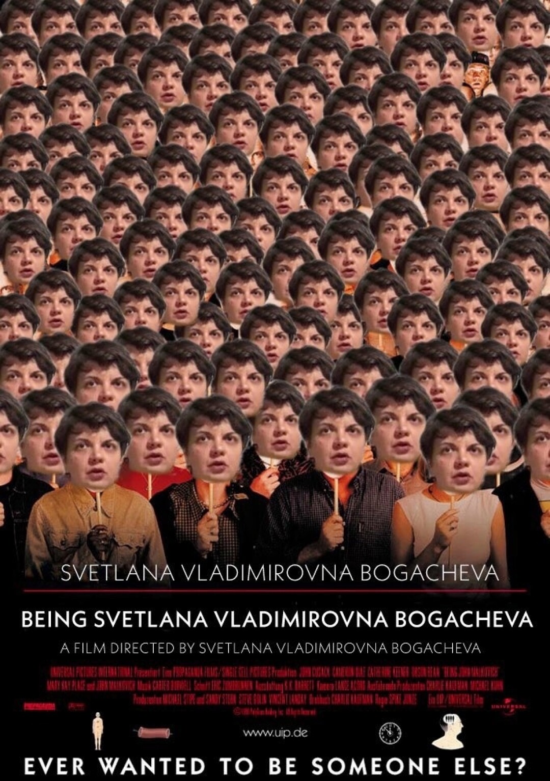 «Being Svetlana Vladimirobna Bogacheva» — отсылка к фильму «Быть Джоном Малковичем», режиссерскому дебюту Спайка Джонза 1999 года. Фото: Таня Щукина
