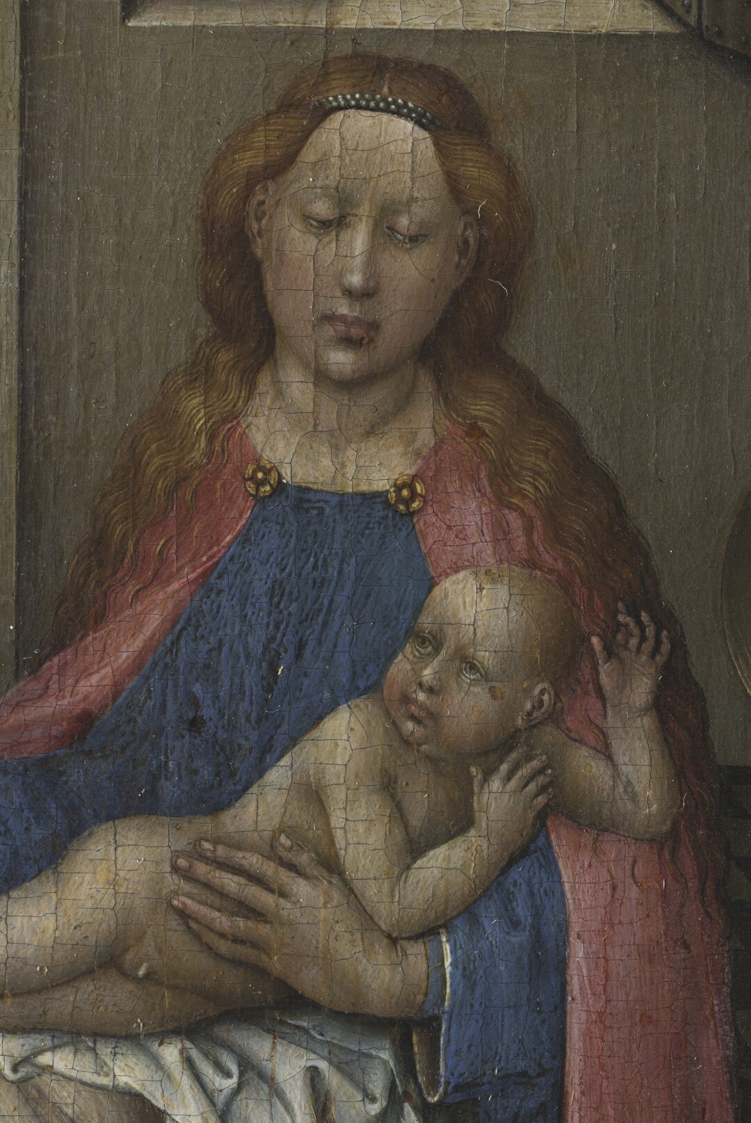 Диптих Робера Кампена «Троица» и «Мадонна с Младенцем у камина» до реставрации (фрагмент)