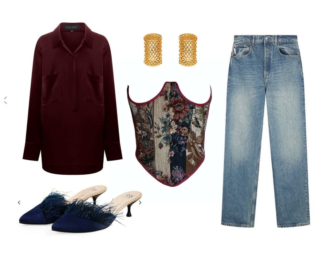 Корсет Aprelikova, джинсы Boyish 23 200 руб., рубашка Escada 39 850 руб., туфли RxB Shoes 15 900 руб., серьги Posh Mimi 4 280 руб.