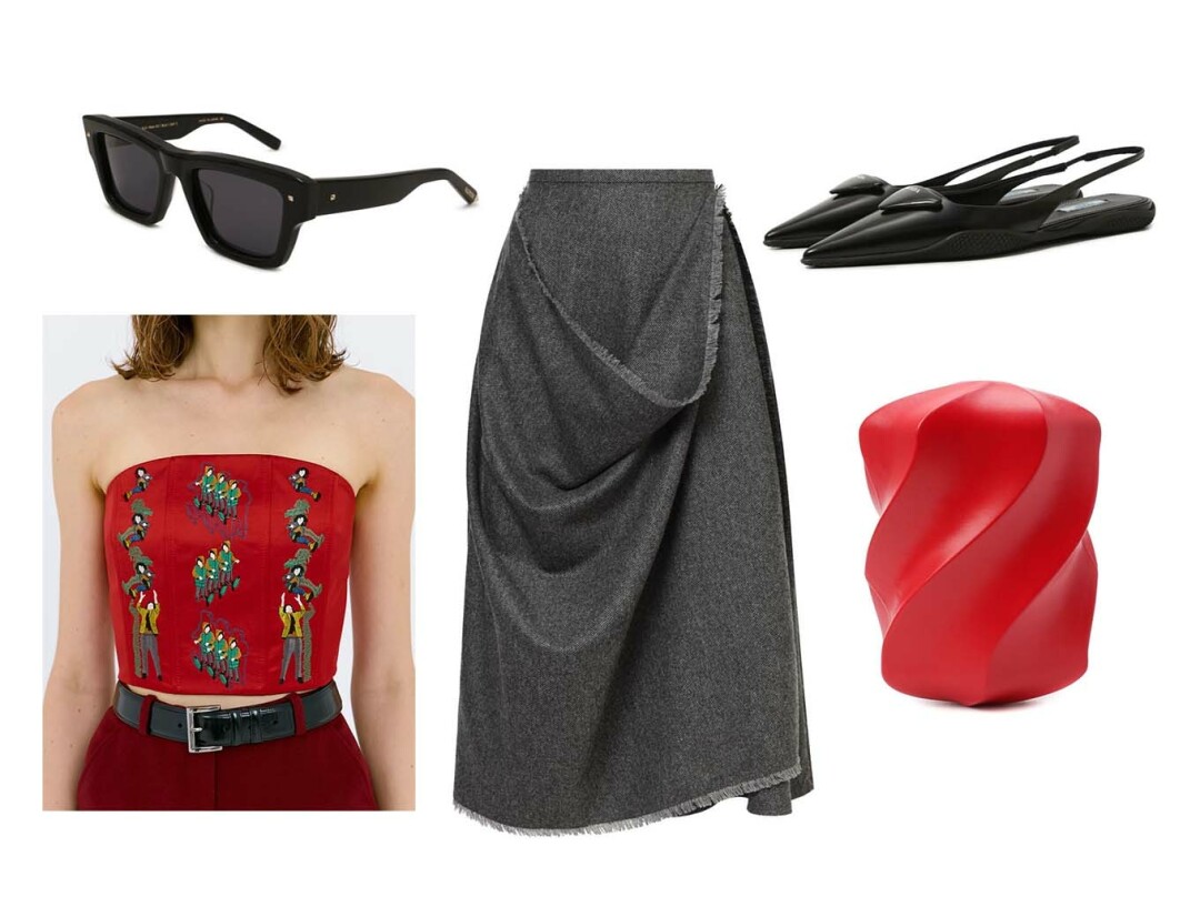 Корсет и юбка Ola Ola и 28 000 руб. и 8700 руб., туфли Prada 83 000 руб., сумка Bottega Veneta 150 500 руб., очки Valentino 67 300 руб.